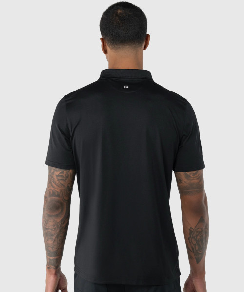 Legacy T-Polo, men's black performance polo with silicone Bomber back yoke logo, back view