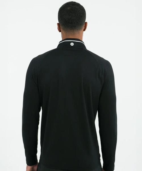 Pinnacle DR Q-Zip, men's black performance quarter-zip with silicone Bomber logo, back view