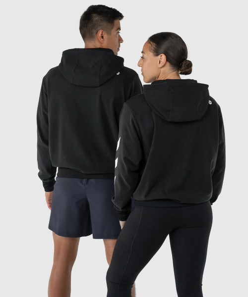 Prime Hoodie, men's black LuxeGo brushed hoodie with silicone Bomber logo, back view