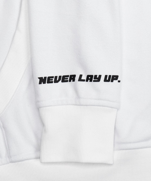 Blaze Hoodie, white LuxeGo brushed hoodie with Bomber chest logo, close-up view