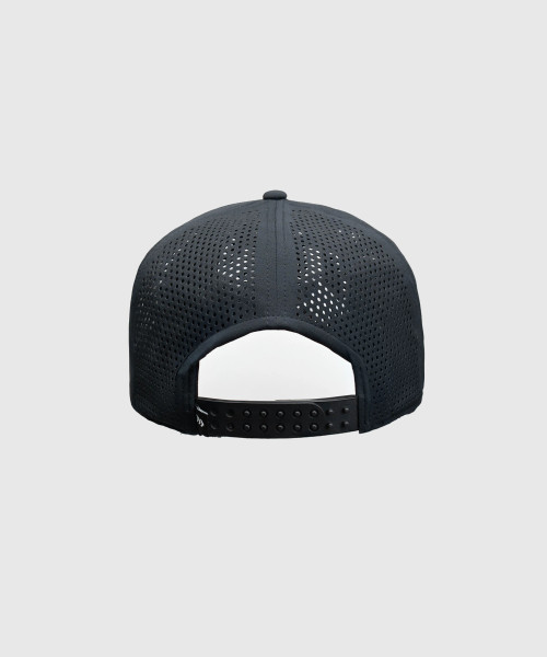Stride Snapback, black snapback hat with Apex-shaped mesh back panels and double snapback closure, back view