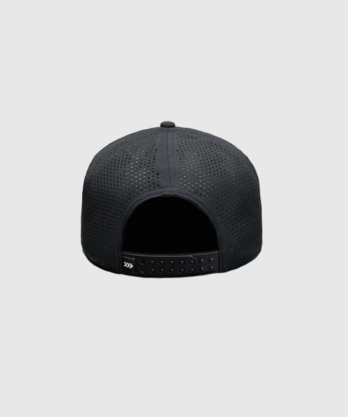 Flash Snapback, black snapback hat with Apex mesh back panels and double snapback closure, back view