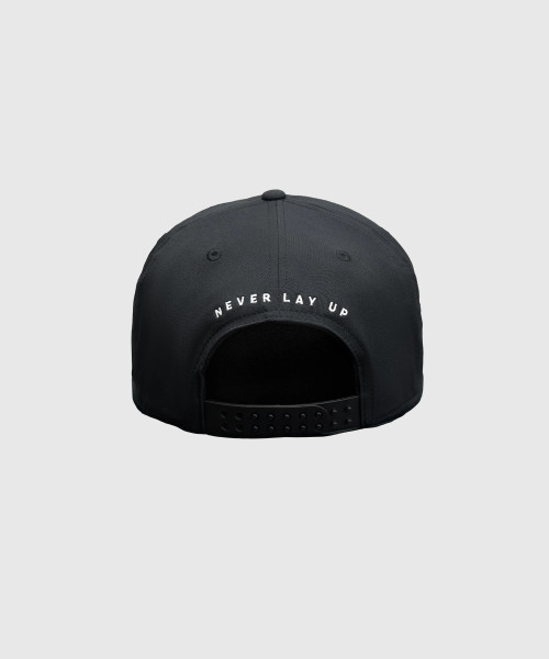 Dash Snapback, black snapback hat with double snapback closure, back view