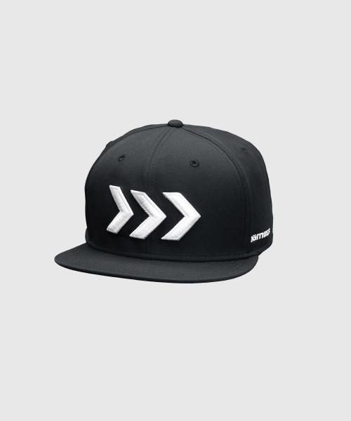 Bolt Snapback, black high-crown flat-brim snapback hat with embroidered Bomber logo, front view