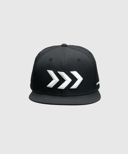 Bolt Snapback, black structured flat-brim snapback with embroidered Bomber logo, angled front view