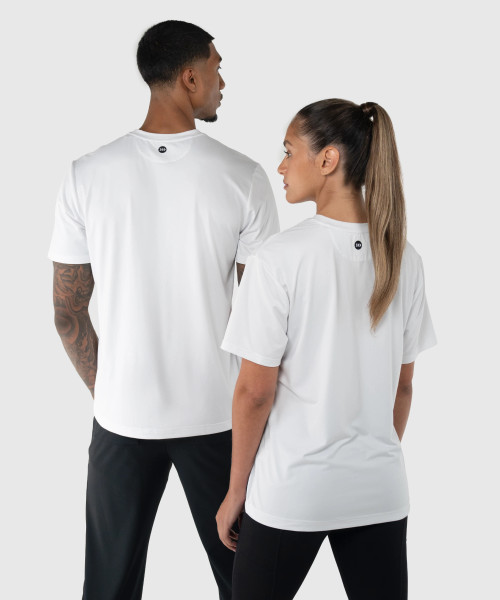 Start T-Shirt, unisex white performance tee, back view with silicone logo at back yoke