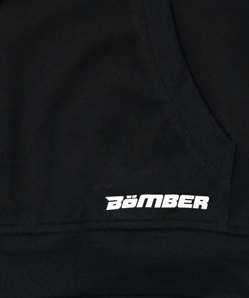 Emerge Hoodie, black hoodie with Bomber graphic wordmark on chest