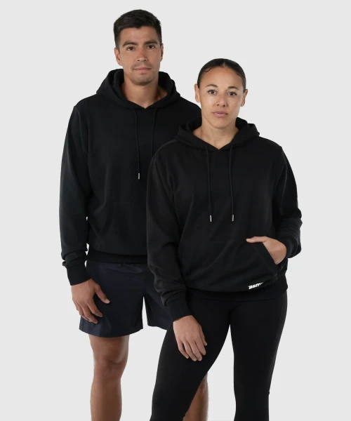 Emerge Hoodie, black brushed fleece hoodie for men and women with LuxeGo fabric, front view