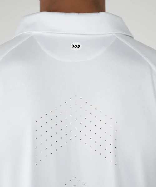 Peak Polo, white performance polo fabric texture, moisture-wicking material close-up