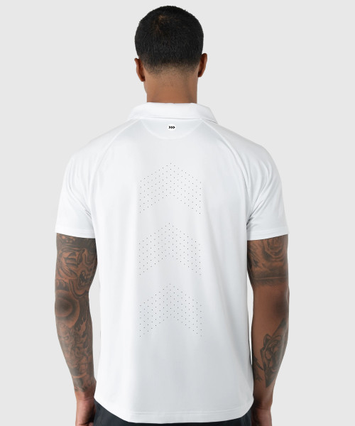 Peak Polo, white performance polo shirt for men, breathable fabric, back view