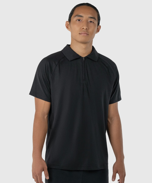 Peak Polo, black performance polo shirt for men, moisture-wicking fabric, front view