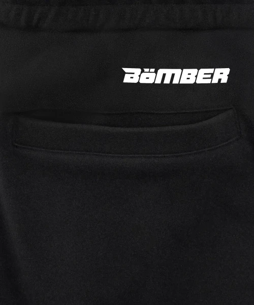 Prime Jogger, black jogger waistband and hand pocket detail with Bomber logo