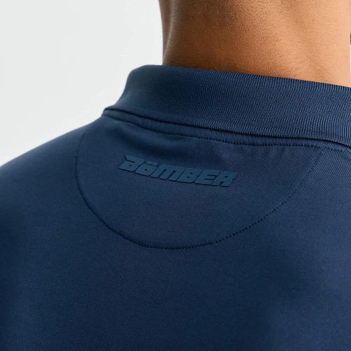 Legacy T-Polo, men's performance navy polo shirt, close-up collar detail
