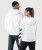 Blaze Hoodie, men's white LuxeGo brushed hoodie with silicone Bomber logo, back view