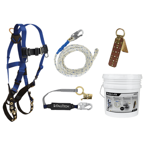 Roofer's Kit with Hinged Reusable Anchor and Trailing Anti-panic Rope Adjuster