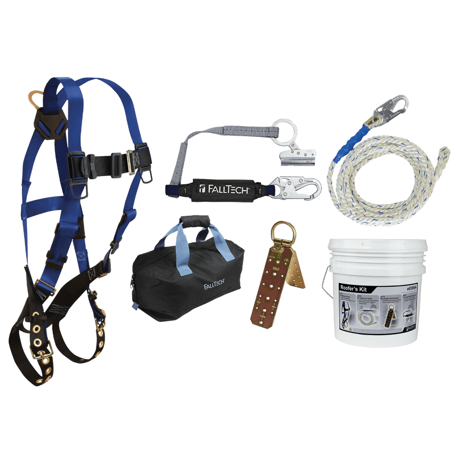 Roofer's Kit with Hinged Reusable Anchor, Trailing Rope Adjuster and Large Bag