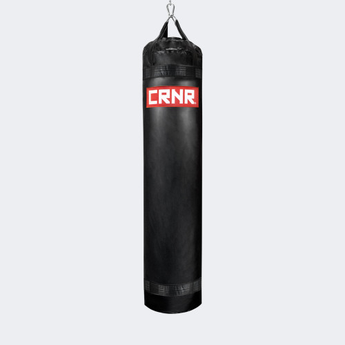 Photo of the front of Combat Corner's black with red label 6 ft., 150 lbs. Made in the USA Punching Bag. Photo of the front of Combat Corner's black with red label 6 ft., 150 lbs. Made in the USA Punching Bag.