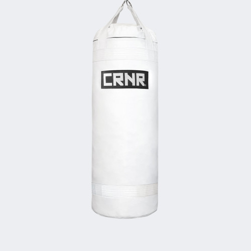 Photo of the front of Combat Corner's white with black label 150 lbs. Made in the USA Punching Bag. Photo of the front of Combat Corner's white with black label 150 lbs. Made in the USA Punching Bag.