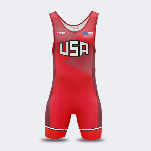 Product photo of Combat Corner’s premium Red USA Wrestling Singlet. This photo shows the front of Combat Corner’s USA Red Singlet. This USA Red Singlet is part of Combat Corner’s Competition Singlet Series and is fully UWW Compliant to give you champion performance in Freestyle and Greco-Roman wrestling.