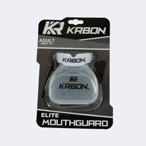 Photo of the front packaging for Combat Corner's white KRBON Elite Mouthguard for MMA, Boxing, Muay Thai, Wrestling, and More