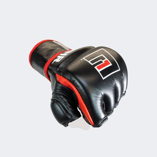 A single Combat Corner Red Ammy MMA Tech 6oz. Fight Glove, which is a black leather MMA fight glove with red piping and a white and red on the knuckles, displayed on a plain light gray background.