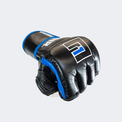A single Combat Corner Blue Ammy MMA Tech 6oz. Fight Glove, which is a black leather MMA fight glove with red piping and a white and red on the knuckles, displayed on a plain light gray background.