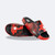 A pair of CRNR foam slide sandals with a red, black, and brown camouflage pattern, shown stacked on top of one another against a plain light gray background.
