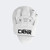 The back of the white HMITV Curved Punch Mitts by Combat Corner against a solid light grey background, showcasing the curved hand compartment and front striking surface.