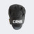 The back of the black HMITV Curved Punch Mitts by Combat Corner against a solid light grey background, showcasing the curved hand compartment and front striking surface.
