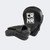 A pair of professional black HMITV Curved Punch Mitts by Combat Corner against a solid light grey background, showcasing the curved hand compartment and front striking surface.