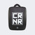 Front view of the HMITV Low Kick Pad Lite, a large, black leather martial arts low kick shield pad by Combat Corner against a light grey background, featuring a white block "CRNR" logo on the striking surface.