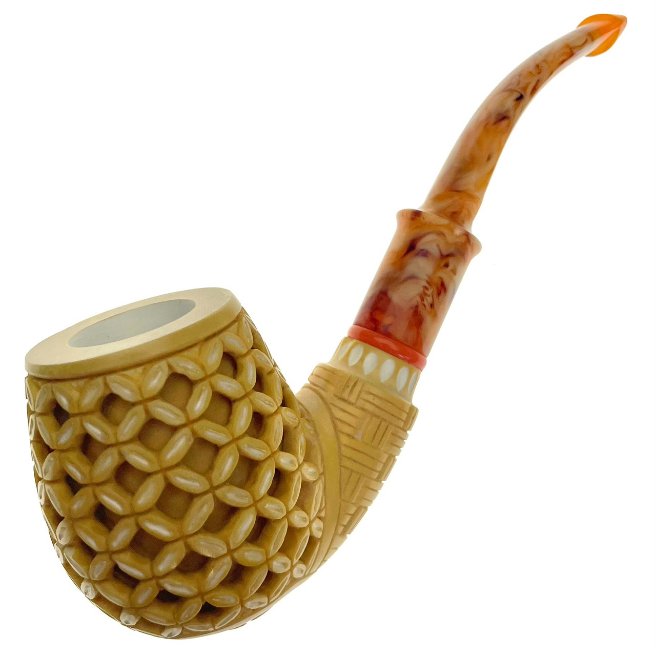 Beeswax Finish Basketweave Billiard 1/2 Bend Meerschaum Pipe