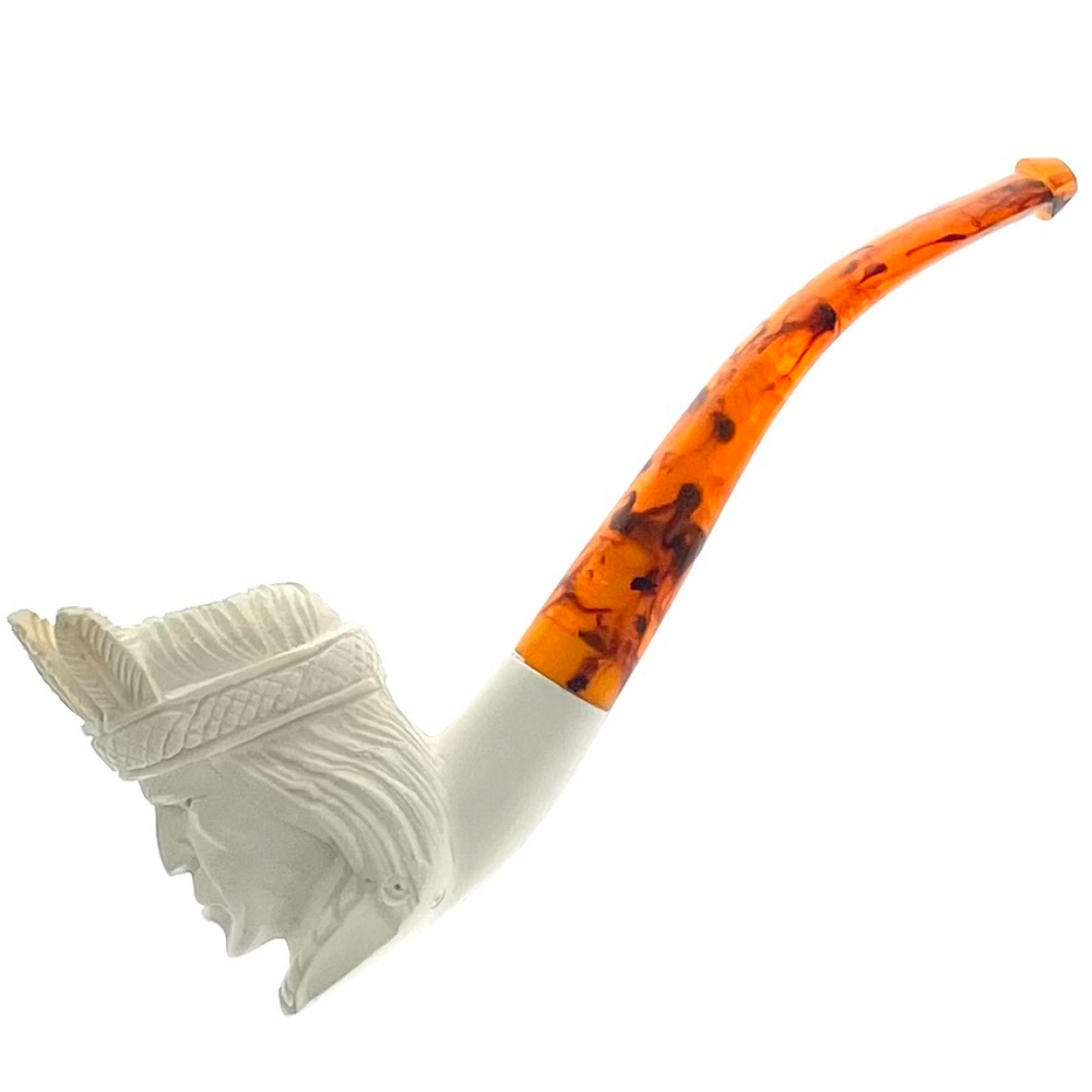 Meerschaum Native American W/Twin Feathers 1/4 Bent Tobacco Pipe Paykoc  M14056