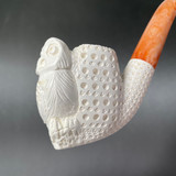 Owl on Lattice Billiard Meerschaum Tobacco Pipe 1/2 Bent By Paykoc M01301