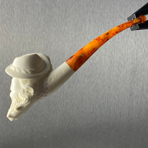 Classic Pocket French Cavalier with Feather by A. Cevik Signature Meerschaum Pipe by Paykoc 6.5"