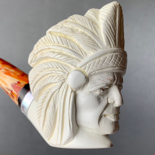 War Bonnet Wisdom Native American Meerschaum Pipe by Master Carver Cevher 6" Paykoc Imports