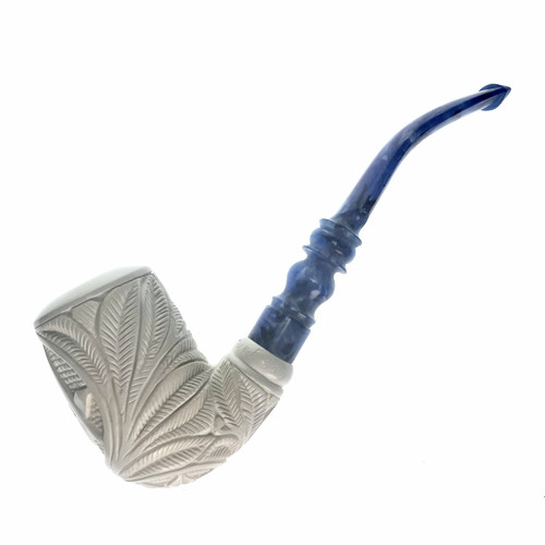 Masonic Floral Scroll Work 1/2 Bend Stove Pipe Meerschaum Tobacco Pipe W/Blue Pearlized stem By Paykoc M06001