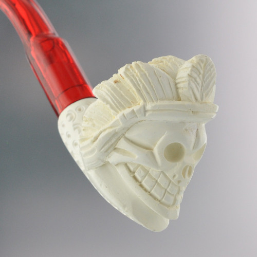 Paykoc Genuine Block Meerschaum Mini Skull With Indian Head Dress Pipe With Case M60034