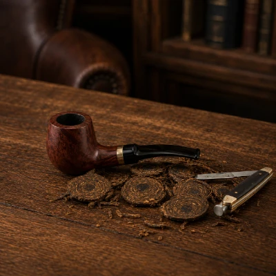 Coin-cut Virginia-Perique pipe tobacco displayed beside a briar pipe.