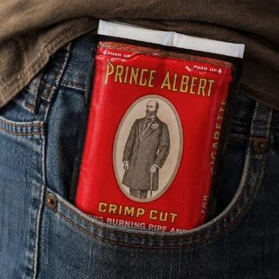 Classic red Prince Albert pipe tobacco pouch in a pocketable format.