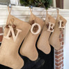 Burlap Christmas Stocking With Rusty Bells Ornament and Personalized Letter Charm