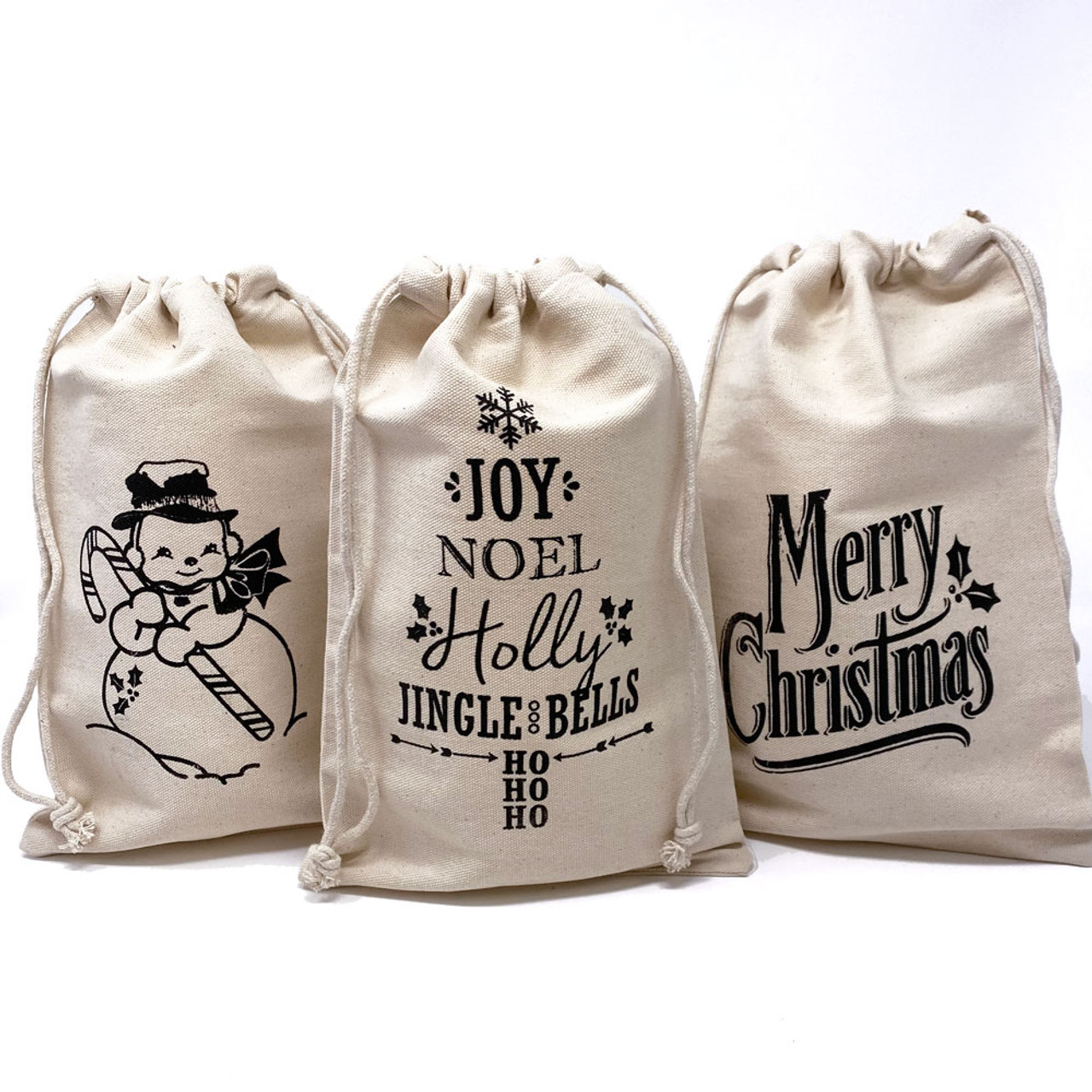 Vintage Christmas Cotton Canvas Drawstring Bags Set of 3 Designs by Marilee Home