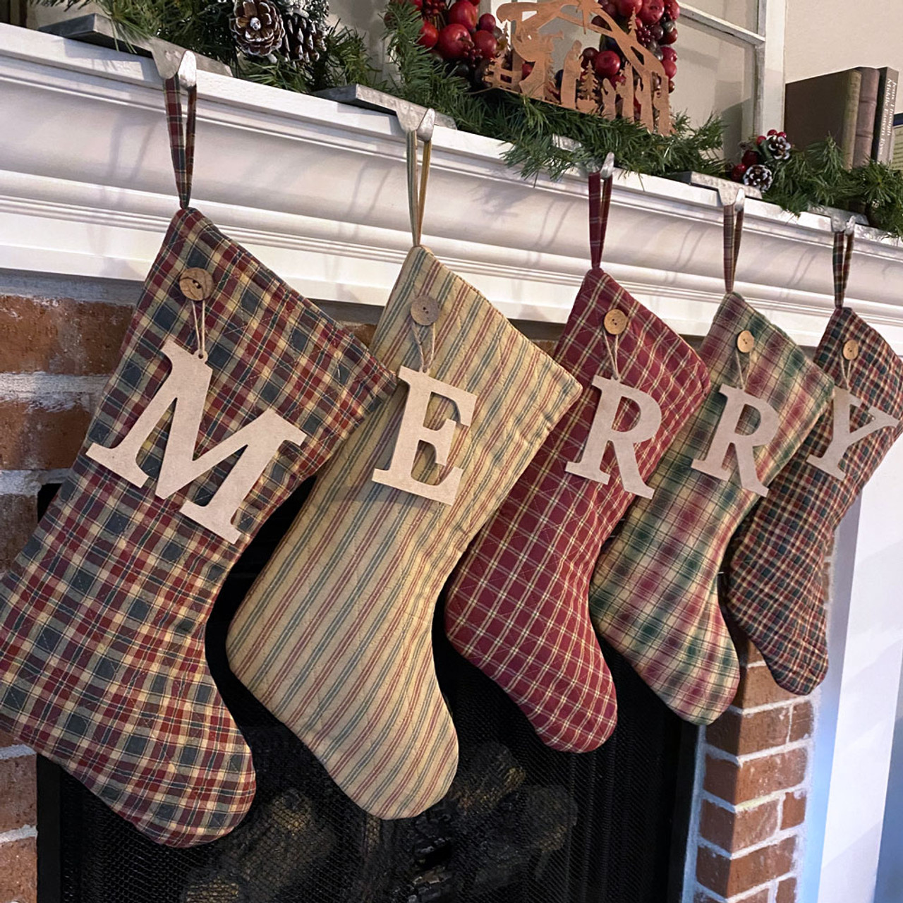 Vintage Christmas 1 Plaid Quilted Christmas Stocking With Personalized Letter Charm by Marilee Home