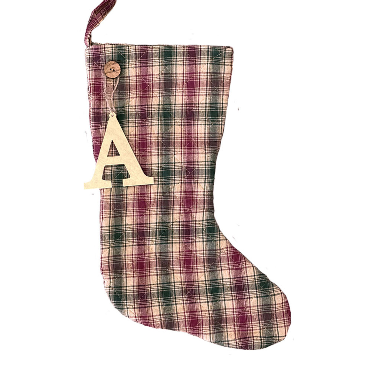 Grey Plaid Evergreen Personalized Stocking - Red Maple Wood Tag