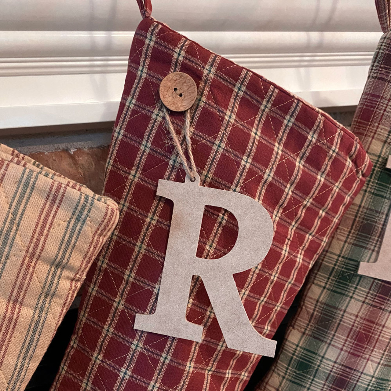 Vintage Christmas 3 Plaid Quilted Christmas Stocking With Personalized Letter Charm by Marilee Home