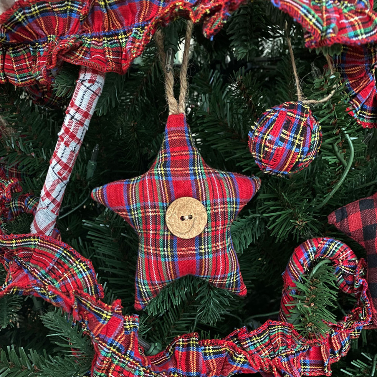 Red Tartan Homespun Fabric Star Christmas Ornaments - Set of 3 - by Marilee Home