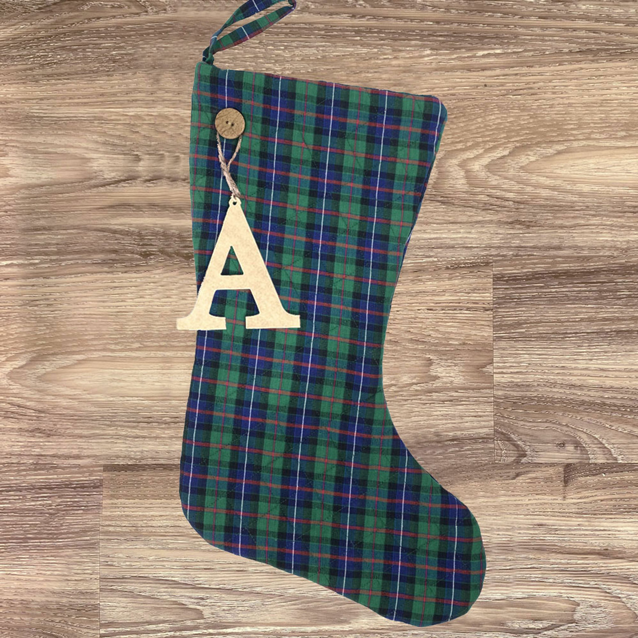 Celtic Blue Tartan Quilted Stocking with Personalized Letter Charm by Marilee Home