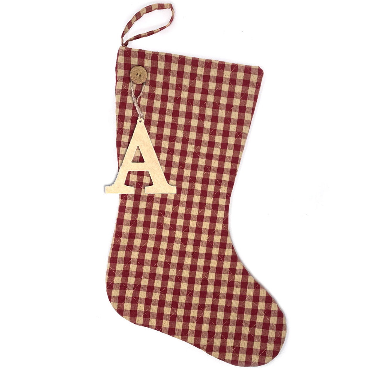 Primitive Red 5 Quilted Stocking with Personalized Letter Charm by Marilee Home