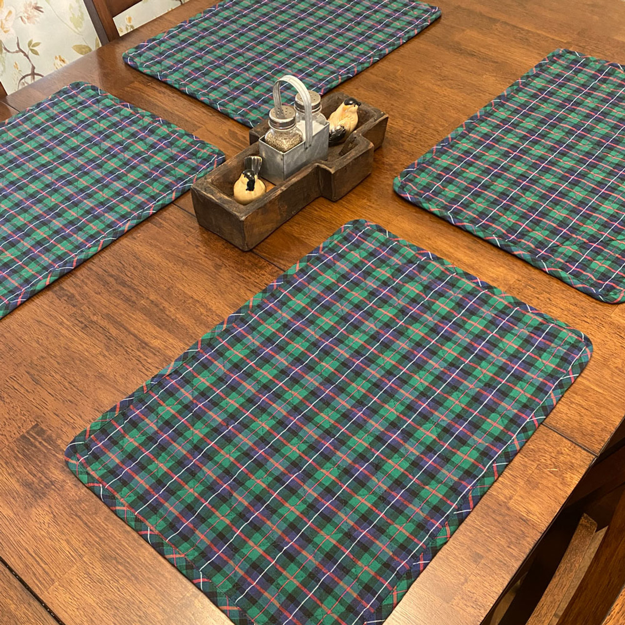 Celtic Blue Tartan Plaid Quilted Christmas Homespun Placemats; 14" x 19" - Set of 4