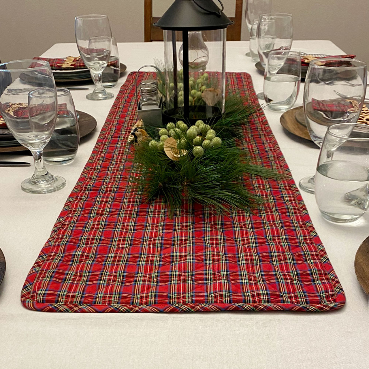 Scotty Red Tartan Reversible McCuan Green Tartan Quilted Christmas Table Runner; 14" x 48"